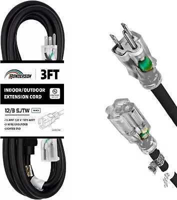 3FT 12/3 Lighted Outdoor Extension Cord 12 Gauge 3 Prong SJTW Heavy Duty Black • $11.68