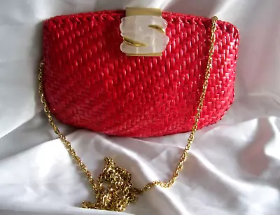 Vintage 80s RODO Italy Stunning Wicker RED Couture Lucite Clasp Clutch Chain Bag • $10.99