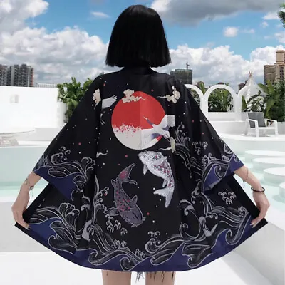 Women Kimono Coat Jacket Cardigan Retro Ethnic Fish Outwear Japanese Yukata • £16.19