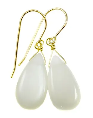 White Moonstone Earrings Smooth Teardrops Sterling 14k Yellow Solid Gold Drops • $43
