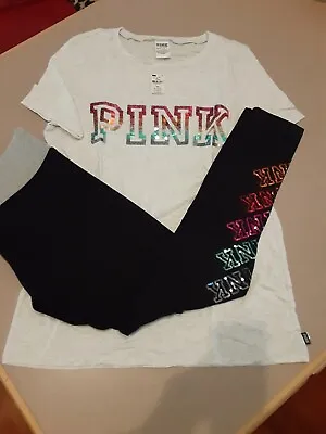 Victoria's Secret Pink Rainbow Bling Ombre Tee And Leggings Outfit M Htf • $205.08