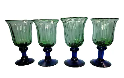 Handmade Blown? Bubble Pontil Green & Cobalt Blue Lg Vintage Goblet Glasses Set • $40