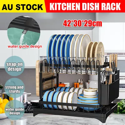 2 Tier Dish Rack Stainless Plate Cup Drying Drainer Tray Cutlery Holder Storage • $37.95