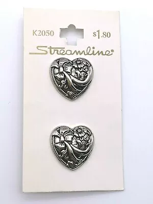 2 Vintage Silver Heart Buttons By Streamline Purchased In The 1990s • $3.30