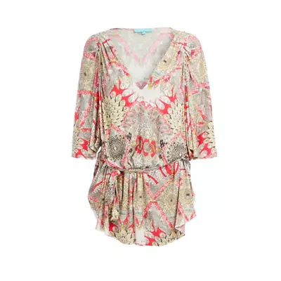 Melissa Odabash Abbey Boho Kaftan Cover Up Tunic Mini Dress Floral Feather Print • $80