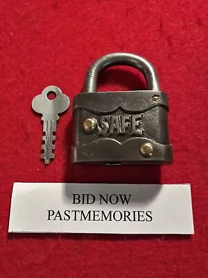  SAFE  LOCK Co. CAST IRON WARDED PADLOCK W/ KEY OLD VINTAGE LOCK ANTIQUE LOCKS • $29.99