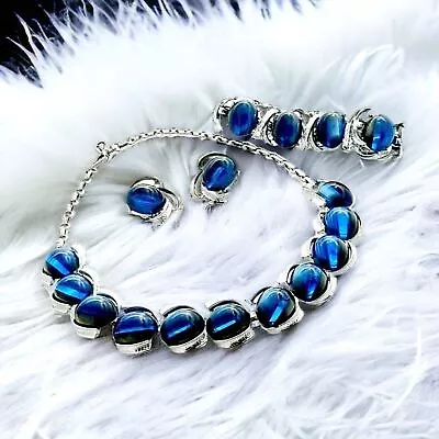 Vintage RARE Coro Moonglass Blue Cats Eye Jewelry Set Collectible • $40