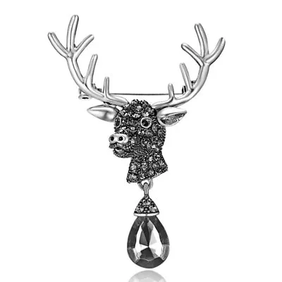 Xmas Deer Head Animal Crystal Brooch Pin Jewelry Christmas Party  Women Men Gift • £2.70