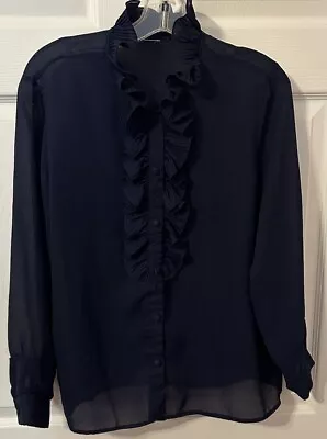 Vtg 1980’s Navy Semi Sheer Secretary Blouse With Ruffles Size XL Classic Euc • $6