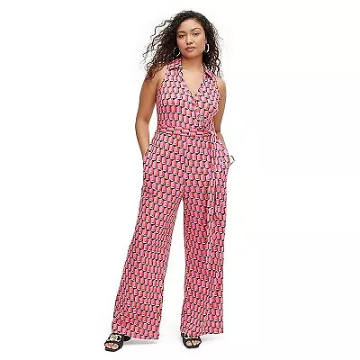 Women's Collared Sleeveless Pink Modern Geo Jumpsuit - DVF • $24.99