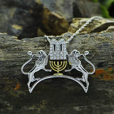 1/6ct Moissanite Menorah & Lions Pendant 18  Necklace In 14K White Gold Plated • $60.85