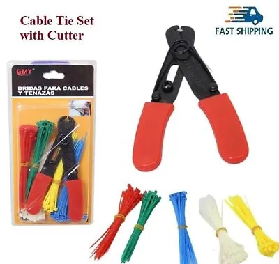 Cable Tie Set With Cutter DIY Tool Kit Nylon Self-locking Zip Ties Multicolours • £8.54