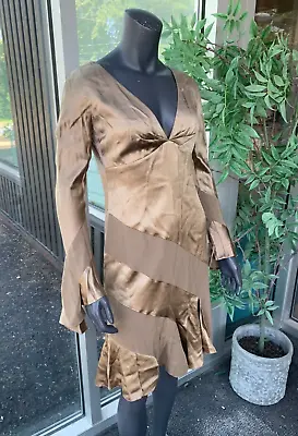 VALENTINO Vintage Spa Collection Silk Crepe Dress Bell Sleeve - Gold - Size 8 • $118