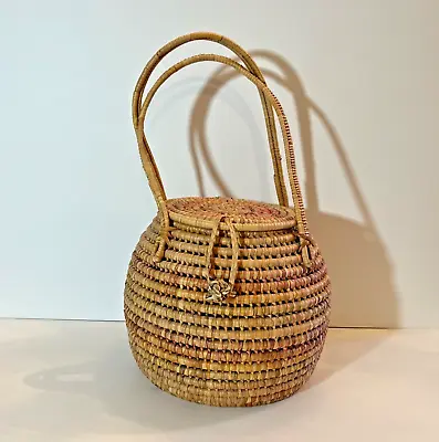 Vintage Coiled Hand Woven Tote BASKET Attached Lid Boho Cottage Core Storage 8  • $29.95