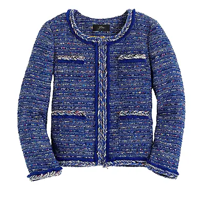 NWT J.Crew Lady Jacket In Cobalt Rainbow Tweed Braided Trim Fringe 2P $248 • $150