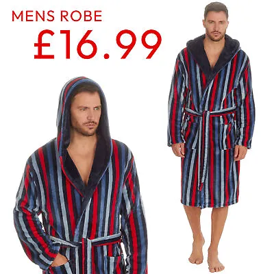 SALE Mens Hooded Dressing Robe Striped Classic Bathrobe Plush Fleece Gown M-XXL • £16.99