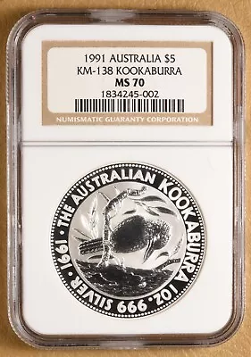 1991 P Australia Kookaburra 1oz .999 Silver $5 'KM-138' NGC MS70 • $300