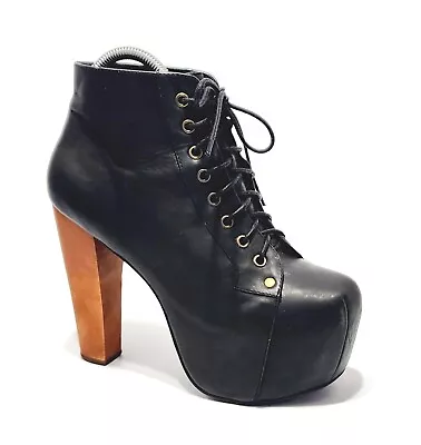 Jeffrey Campbell Lita 7.5 Black Distressed Leather Wood Heel Platform Lace Boots • $71.20