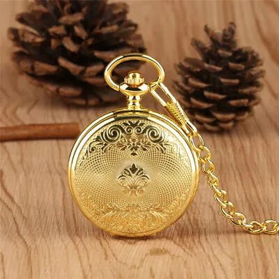 Luxury Golden Unisex Mechanical Hand Wind Skeleton Pocket Watch Pendant Chain • $15.97