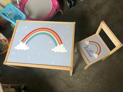Personalised Printed Kids Wooden Table And 1 Chair IKEA Set - Rainbow • £39