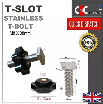 T Slot M8 X 38mm T Bolt Thumb Knob Mitre T Slot Track Thin Head Stainless Screw • £3.69