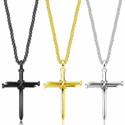 Mens Gold Silver Nail Cross Pendant Necklace Chain Black Stainless Steel Christ • $5.39