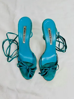 Manolo Blahnik Suede Turquoise Teal Blue High Heel Strappy Sandals SZ 38 US 7 • $99