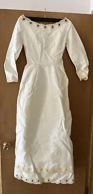 Vintage 60s 70s  Wedding Gown Dress White Ivory Boat Neck Satin Long Sleeve • $39
