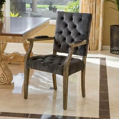 Myrtle Contemporary Velvet Tufted Dining Arm Chair Charcoal And Oak • $349.27