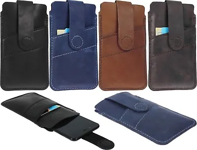 $33.84 • Buy Hand Sewn Pouch Genuine Leather Magnetic Strap Card Pocket Case Cover For Phones