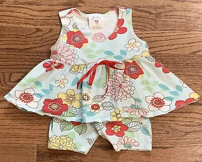 Mad Sky Boutique Baby Girl Aqua Floral Skirted Summer Romper Size 12m • $11.99