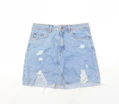 H&M Womens Blue Cotton Mini Skirt Size 8 Zip • £4.75