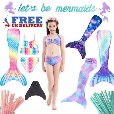 2/4 Set Girls Mermaid Tail Swimming Costume Swimmable Bikini Set Summer Swimsuit • £15.82