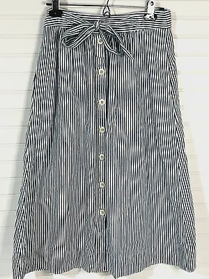 Madewell Midi Skirt Sz 2 Striped Blue Linen Button Down Tie Pockets Women A-Line • $16