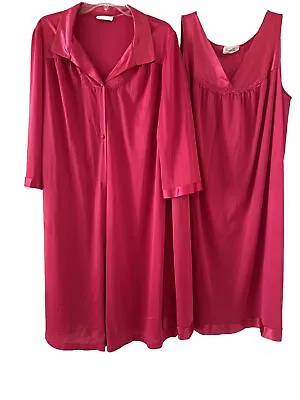 Vanity Fair 2 Pc Set Nylon Nightgown & Robe Wine Color XL Peignoir Lingerie Vtg • $32.49