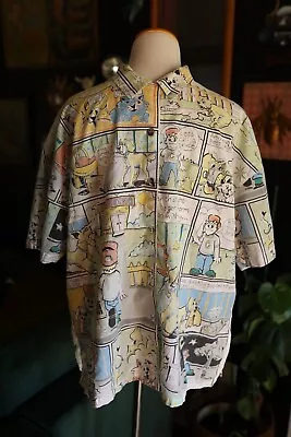 Vintage Together! Comic Book Strip Cat & Dog AOP Button Down Shirt Adult Size L • $89.99