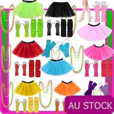 Ladies 1980s Tutu Skirt Fishnet Gloves Leg Warmers Necklace 80s Neon Costume • $26.99