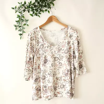 J.Jill Pure Jill Printed Soft V Neck Top Beige Pink Floral Top M PETITE • $14.98