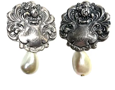 Vintage T Foree Sterling Cherub Initial Engraved Pearl Drop Post Back Earrings • $99