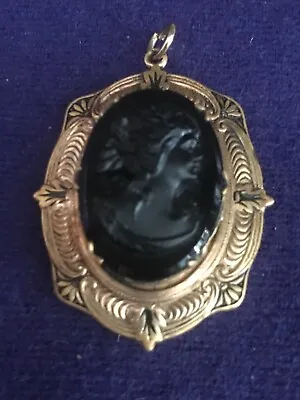 Antique Victorian Cameo Mourning Necklace Pendant Locket Molded Glass Enameled • $95