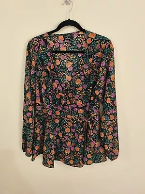 CITY CHIC Size XS Colourful Floral Long Balloon Sleeve V Neck Wrap Blouse • $34.95