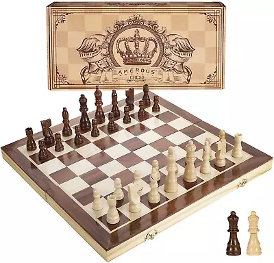 15 Inches Magnetic Wooden Chess Set - 2 Extra Queens - Folding Board - Pieces St • $40.88