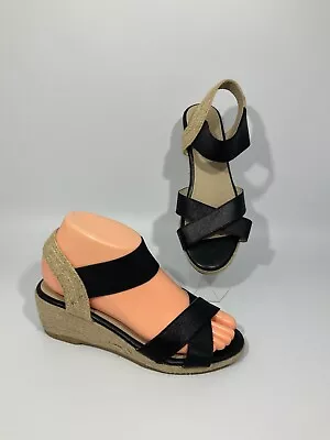 PLATINO Size 3 Black / Beige Espadrille Wedge Heel Shoes / Sandals • £12.99