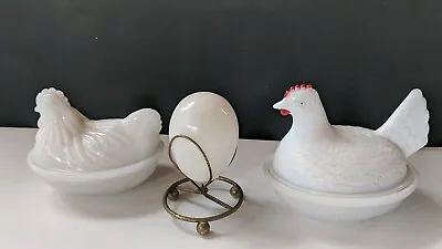 2 Vintage Miniature Hen On Nest White Milk Glass Covered Dish & Egg With Stand • $32