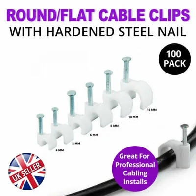 £2.29 • Buy Round White Trade Quality Cable Clips 3mm-9mm With Fixing Nails - Packs Of 100