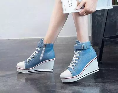 $32.59 • Buy Lady's High Top Wedge Heel Sneakers Women Pumps Lace Up Sport Canvas Shoes New