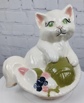 Vintage Ceramic White Kitty Cat In Basket Cookie Jar Canister  • $49