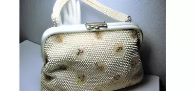 Vintage Large Purse W/ Embroidered Flowers Clear/White Beads Beaded Handle • $40.50