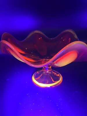 Vintage MCM Viking Glass Amberina 9.25” Compote 6 Petal Bowl - GLOWS UV Light • $31.50