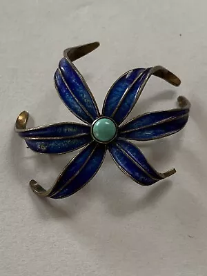 Vintage Blue Enameled Sterling & Turquoise Flower Brooch • $25